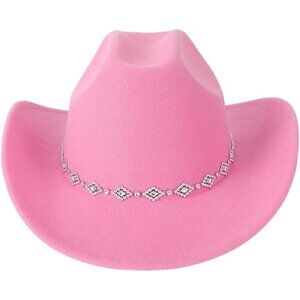 Verdusa Women pink 100% Polyester Rhinestone Diamond Chain Band Cowboy Felt Hat
